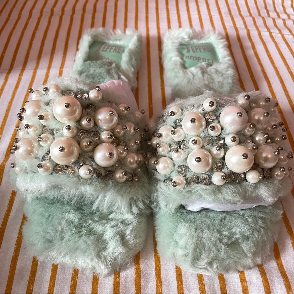 Jeffrey Campbell Mint Green Flat Slip On Furry Sandals with Pearl Embellishments